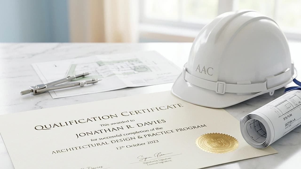Attestazione SOA su scrivania con elmetto da cantiere e progetto edile, simbolo di qualificazione per appalti pubblici.