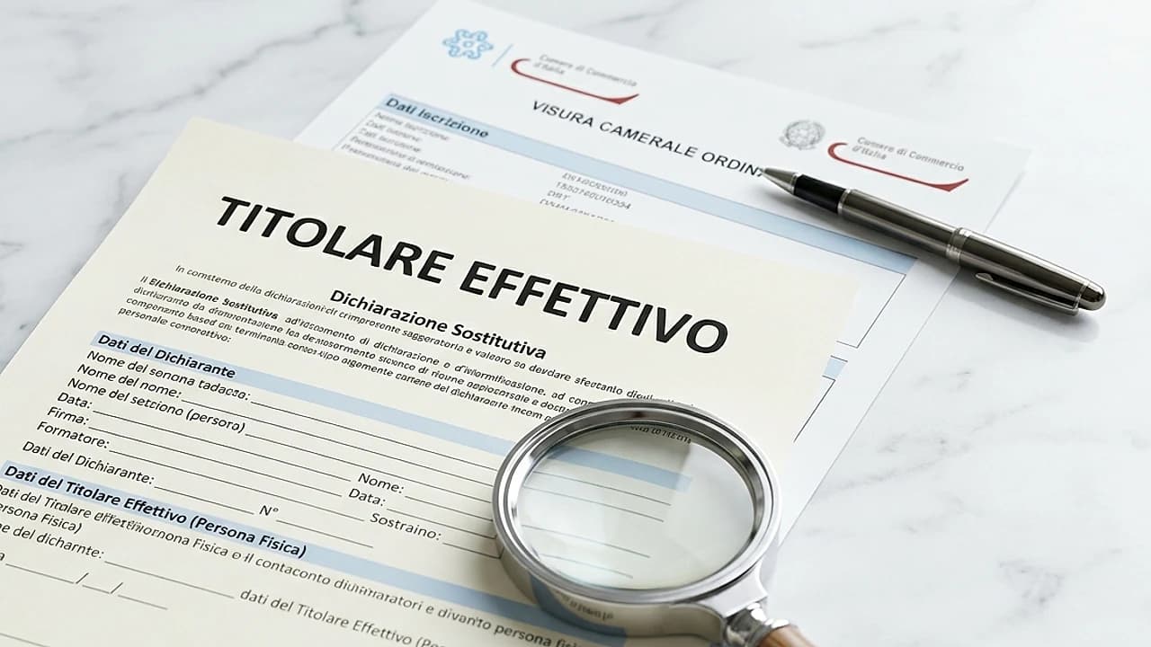 Visura camerale e documento titolare effettivo UBO su superficie bianca per KYC e due diligence aziendale 2026