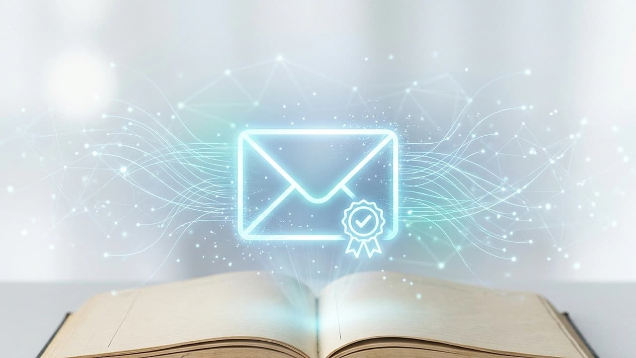 Busta digitale PEC luminosa collegata a una rete di nodi sopra un registro imprese, ricerca PEC azienda