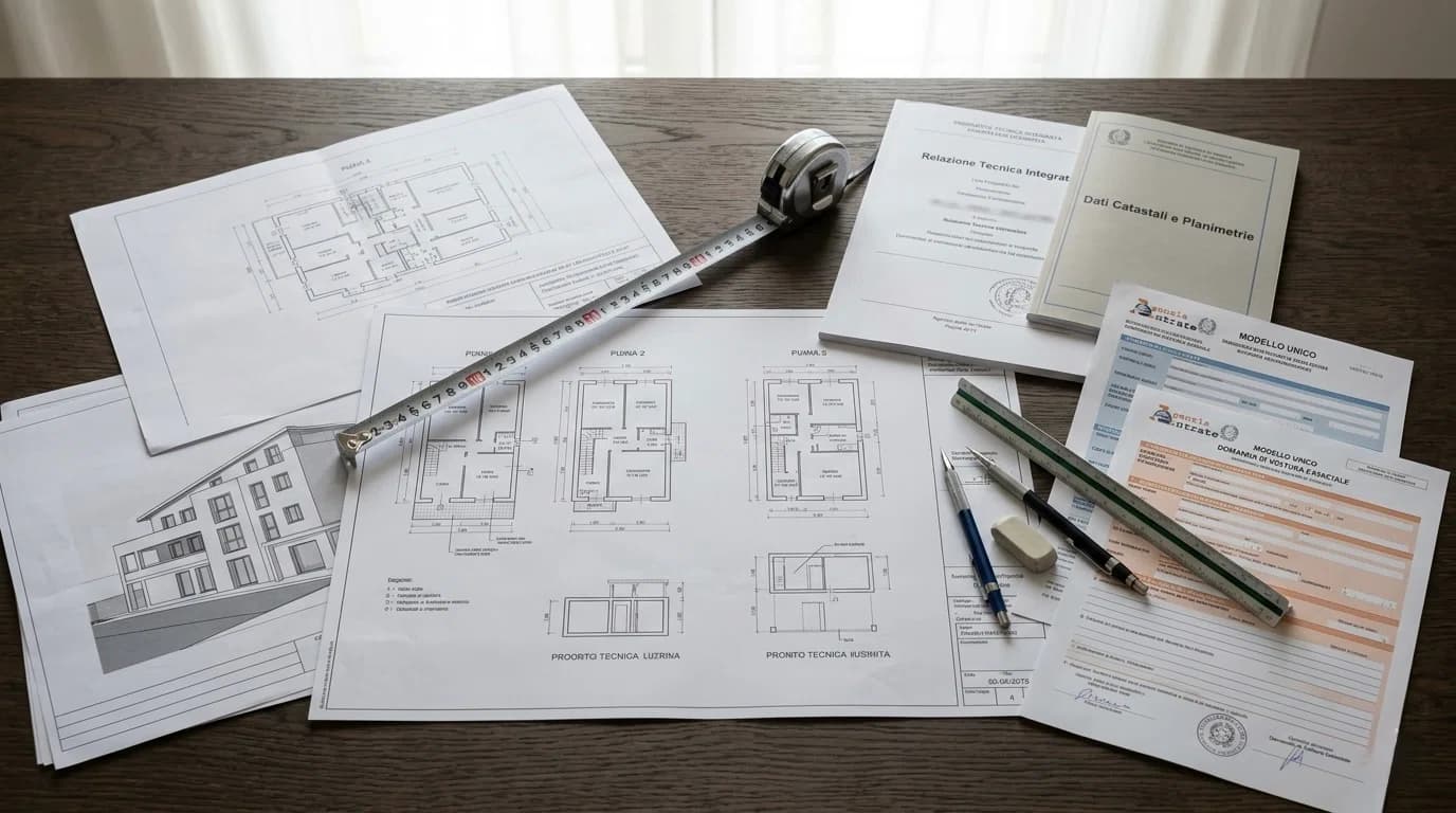 Planimetrie catastali e documenti tecnici su scrivania in rovere con strumenti di misura, luce naturale professionale