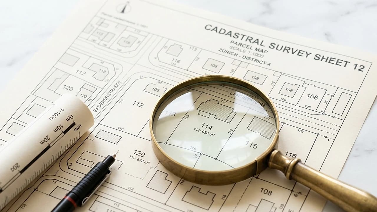 Mappa catastale con lente di ingrandimento su foglio, particella e subalterno di un immobile