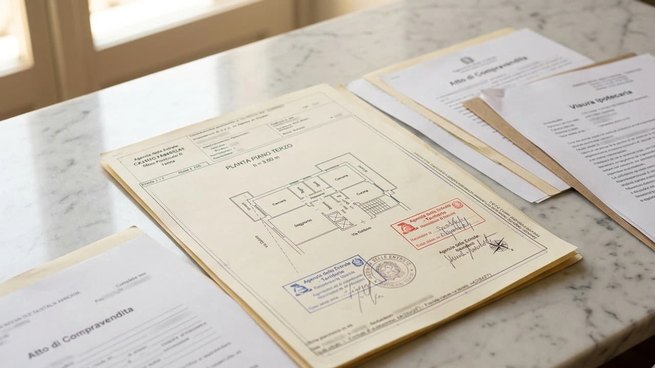 Planimetria catastale di un appartamento su scrivania professionale con documenti immobiliari e timbro notarile