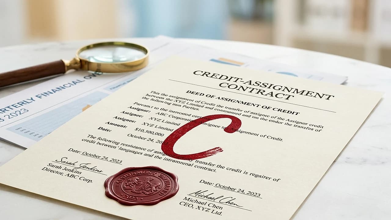 Documento di cessione del credito con sigillo accanto a report CRIF e codice C su scrivania chiara, segnalazione EURISC 2026