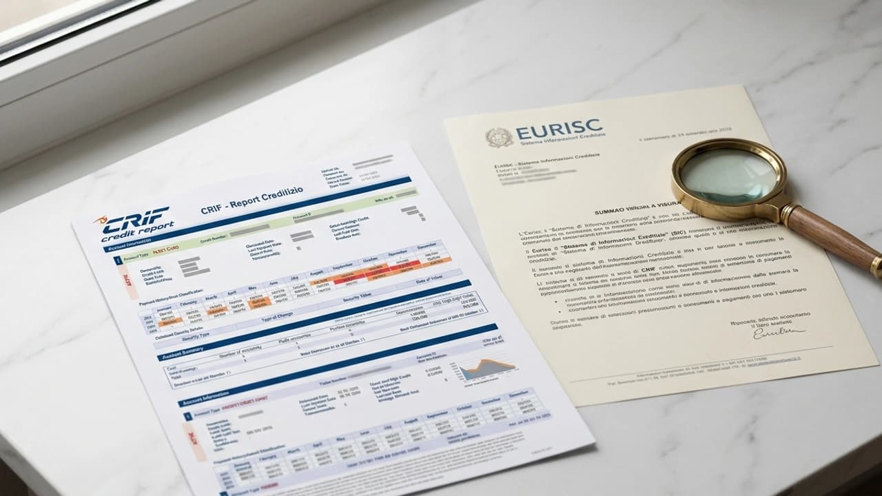 Report creditizio CRIF e documento ufficiale EURISC su superficie di marmo bianco, 2026