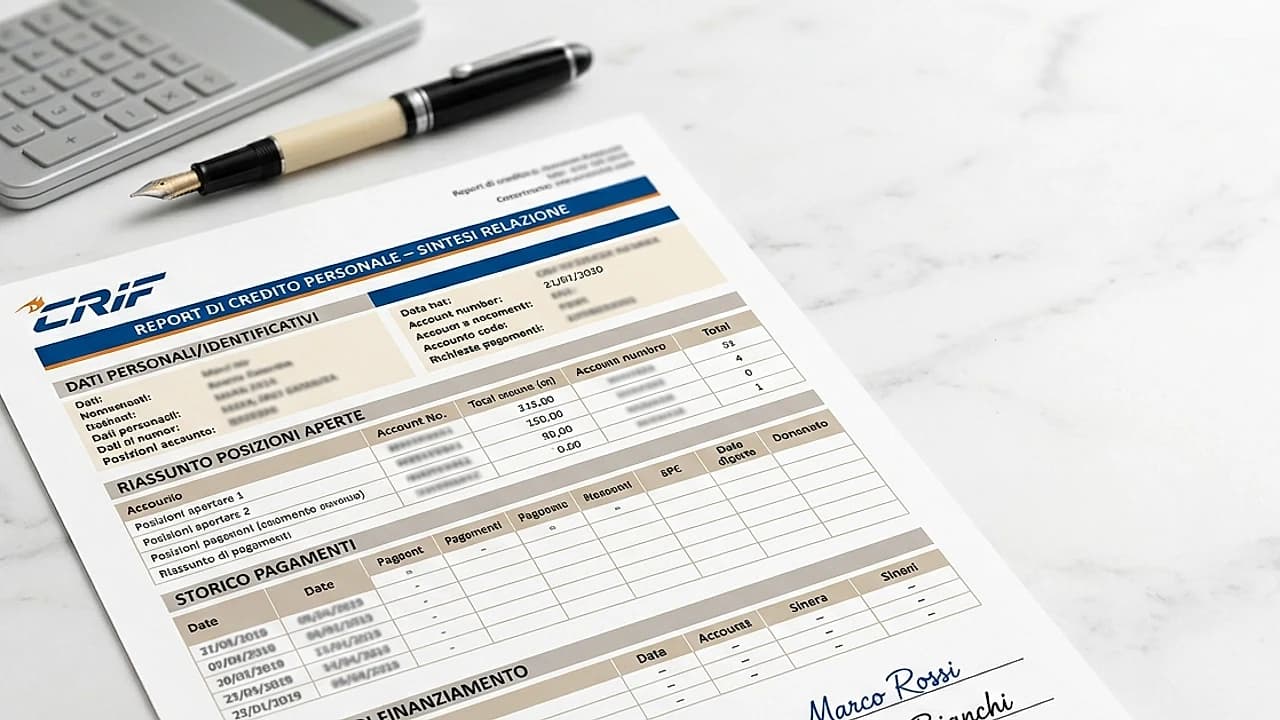 Report creditizio CRIF di un debito cointestato con due firme su un contratto di finanziamento e calcolatrice
