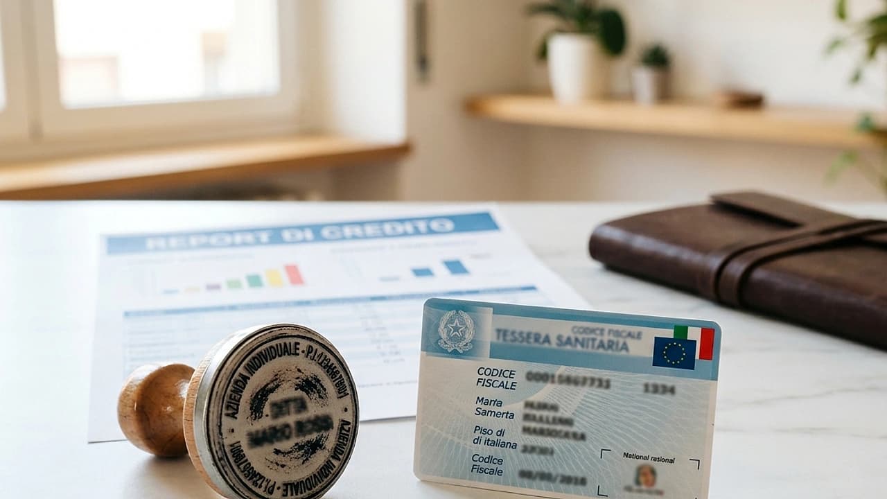 Timbro di ditta individuale e tessera del codice fiscale accanto a un report CRIF, tema CRIF ditta individuale 2026