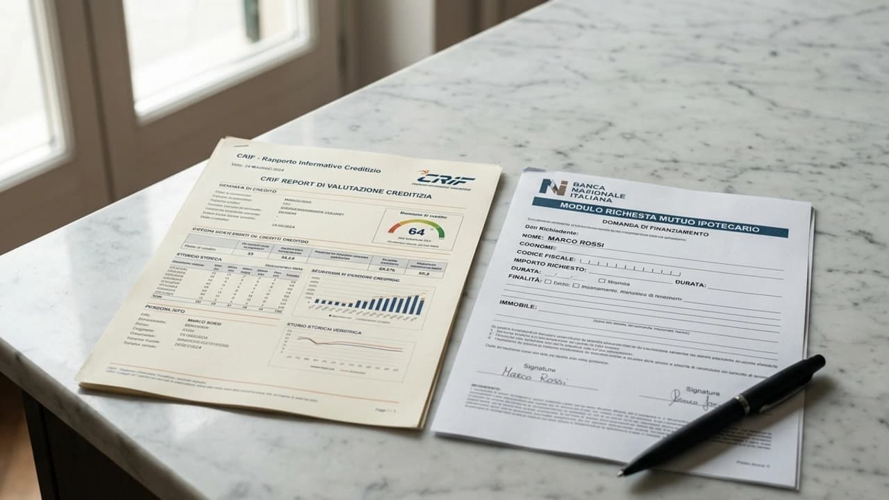 Report CRIF EURISC stampato su carta accanto a modulo richiesta mutuo su sfondo marmo bianco