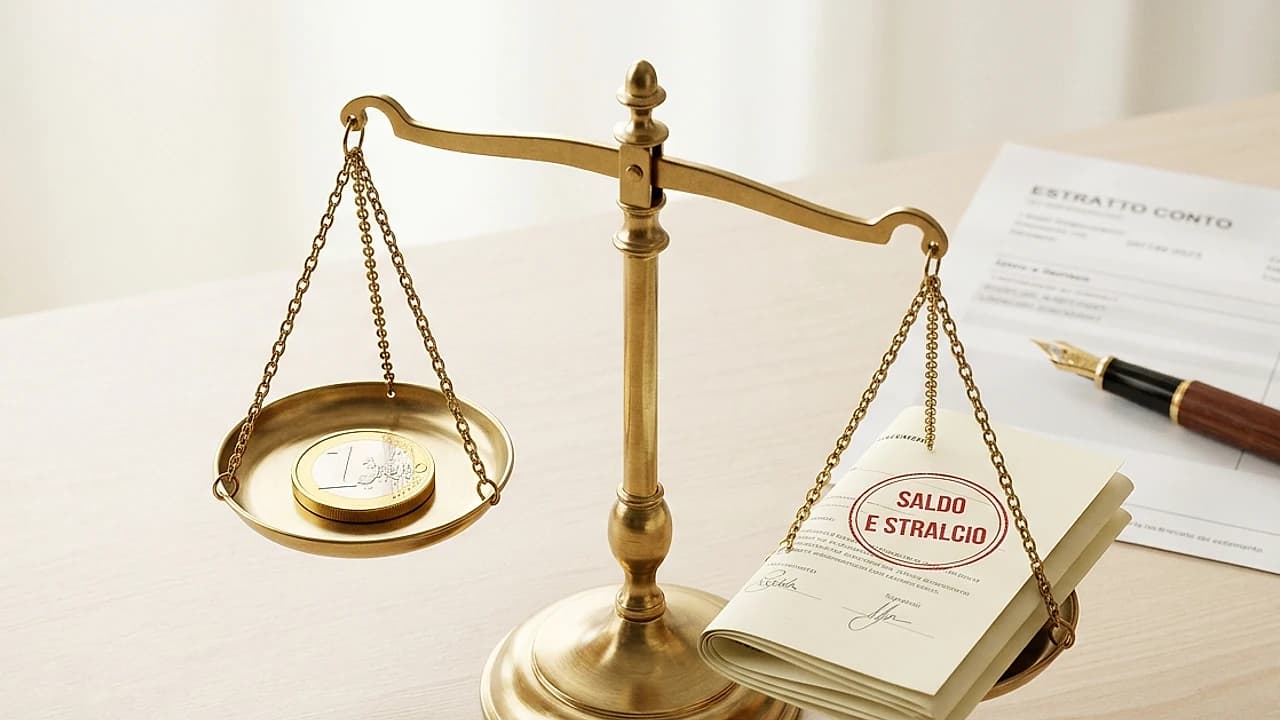 Bilancia in ottone che pesa una moneta contro un documento di accordo saldo e stralcio, tema segnalazione CRIF 2026