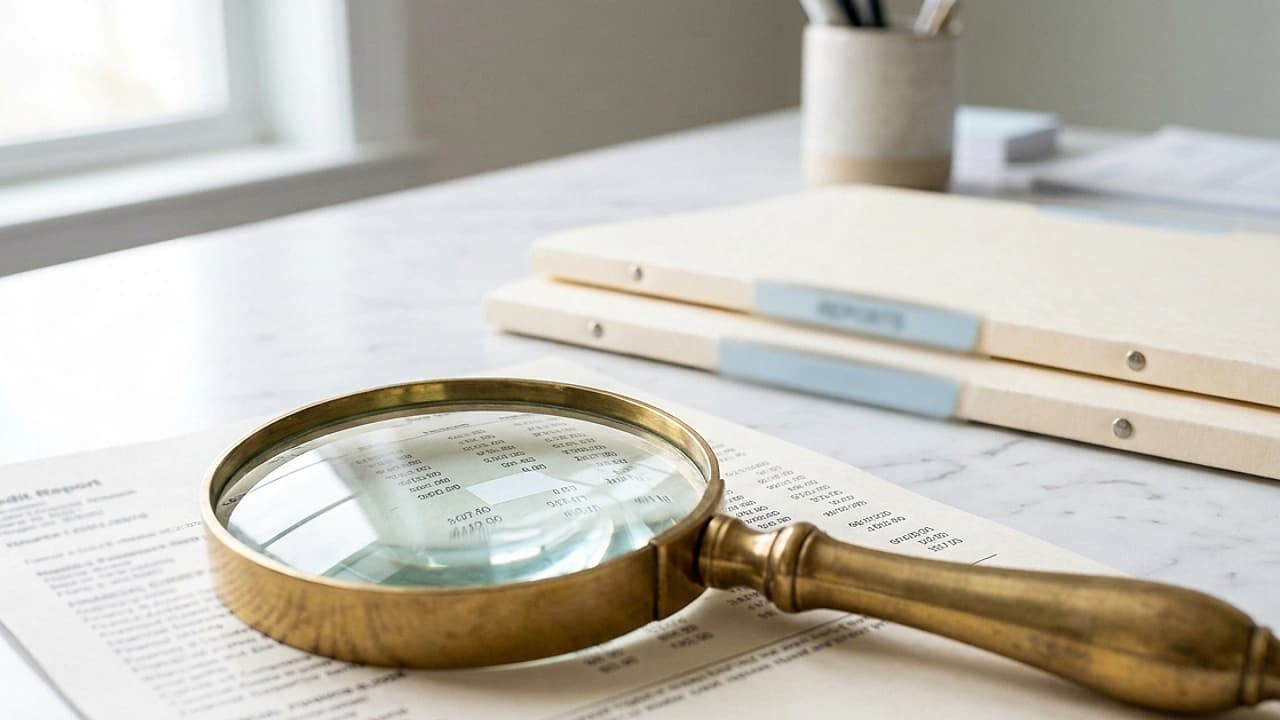 Lente d'ingrandimento su un report creditizio accanto a cartelle di registri pubblici: i debiti che non risultano in CRIF