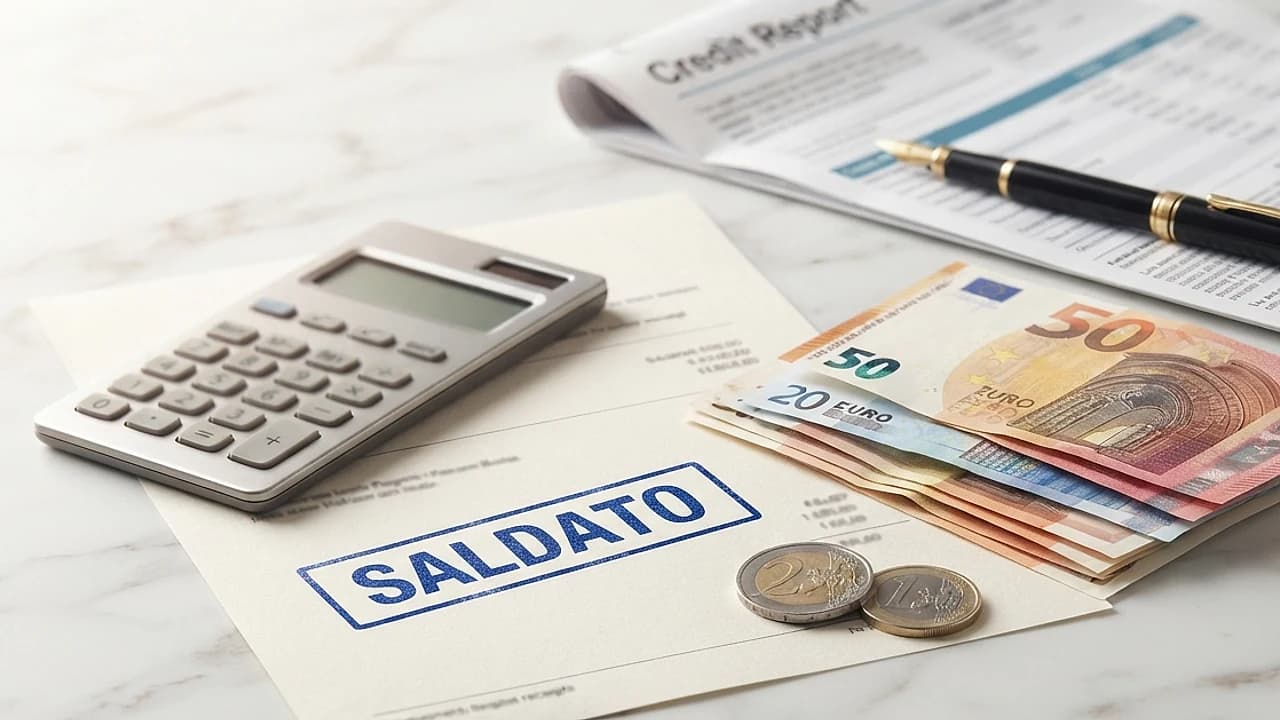 Calcolatrice e ricevuta di estinzione anticipata di un finanziamento accanto a un report CRIF su scrivania chiara