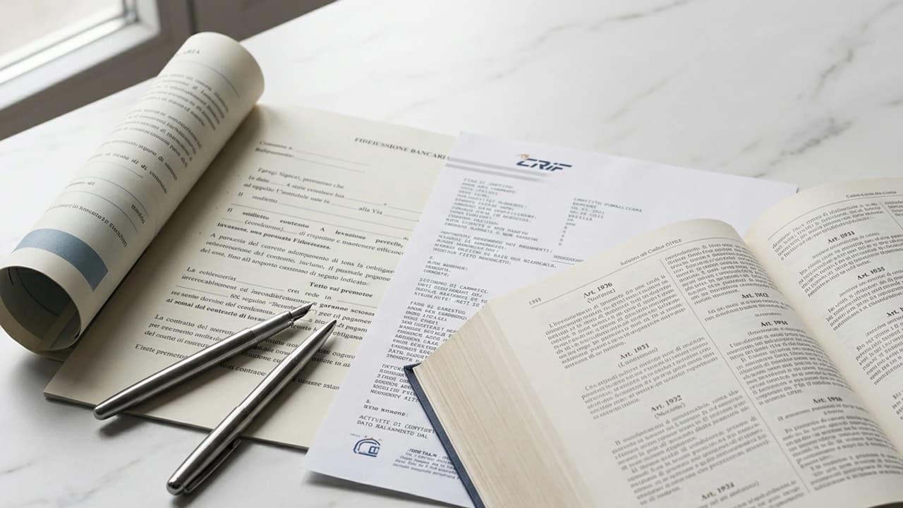 Contratto di fideiussione bancaria, visura CRIF e codice civile aperto agli articoli 1936-1957 sulla scrivania di uno studio legale