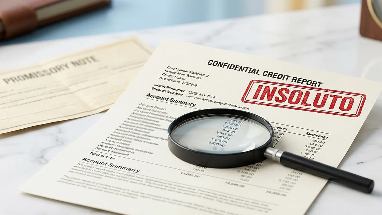 Report creditizio con timbro insoluto e lente d'ingrandimento: segnalare un cliente al CRIF