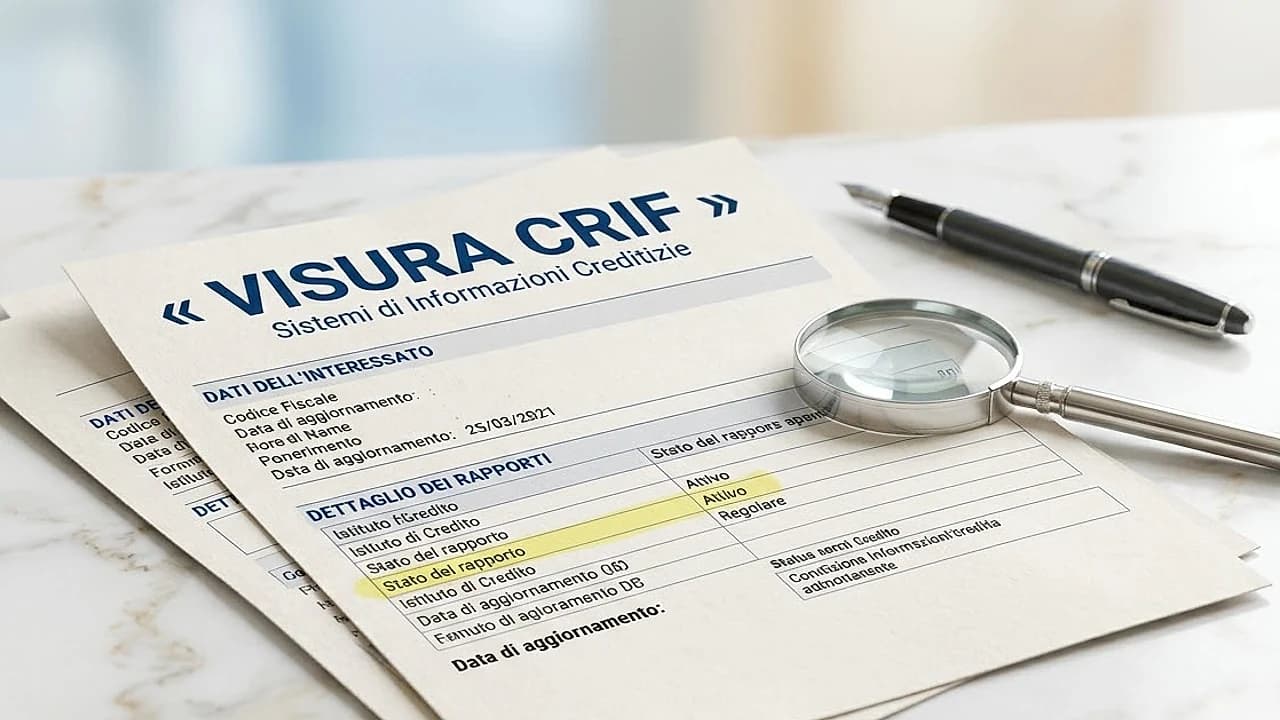 Report creditizio CRIF su scrivania luminosa con evidenziato lo stato del rapporto e le voci dei pagamenti