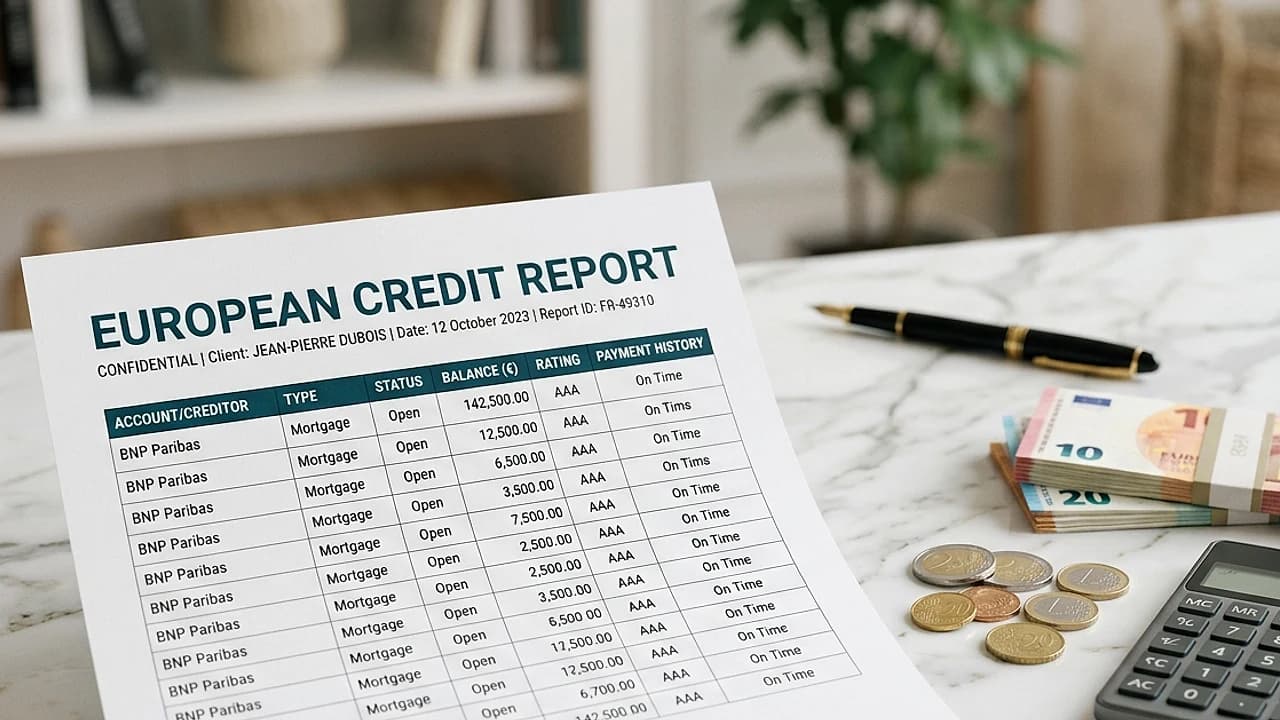 Report di visura CRIF su scrivania con calcolatrice ed euro, costi e canali per richiederla nel 2026.