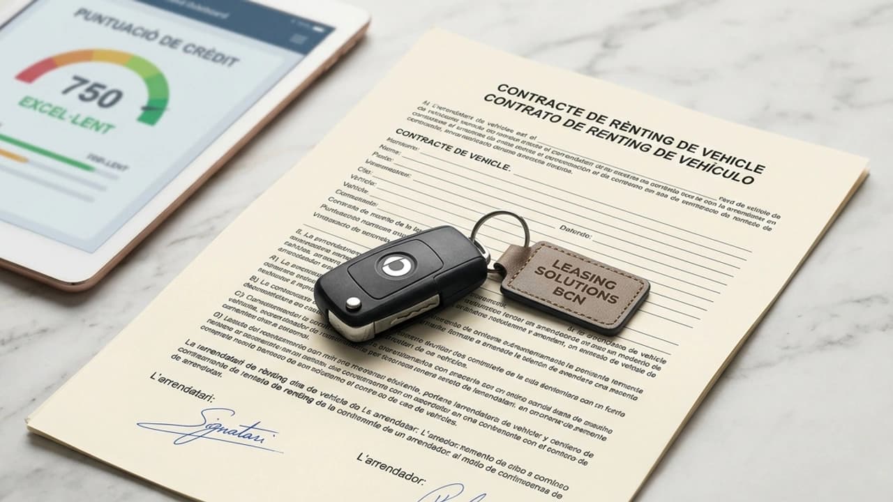 Chiavi di un'auto posate su un contratto di leasing finanziario, con un tablet che mostra un report creditizio CRIF, su superficie marmo chiaro.