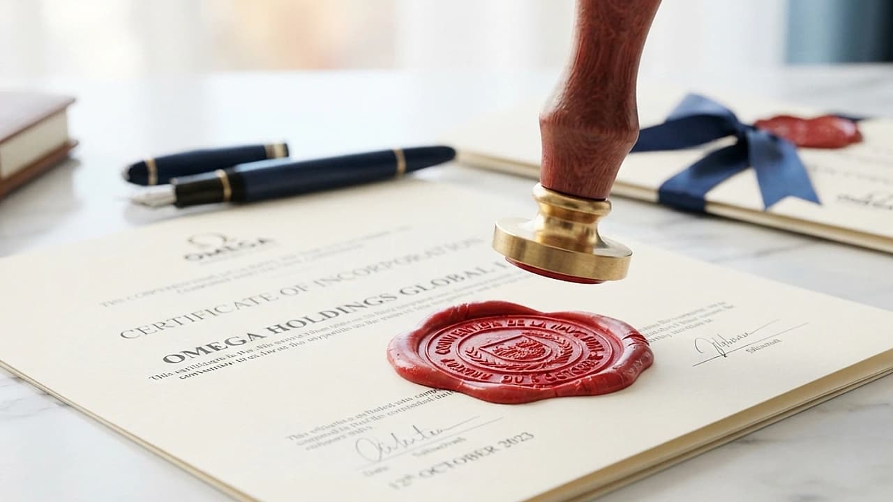 Documento societario con timbro di apostille e sigillo ufficiale su scrivania luminosa