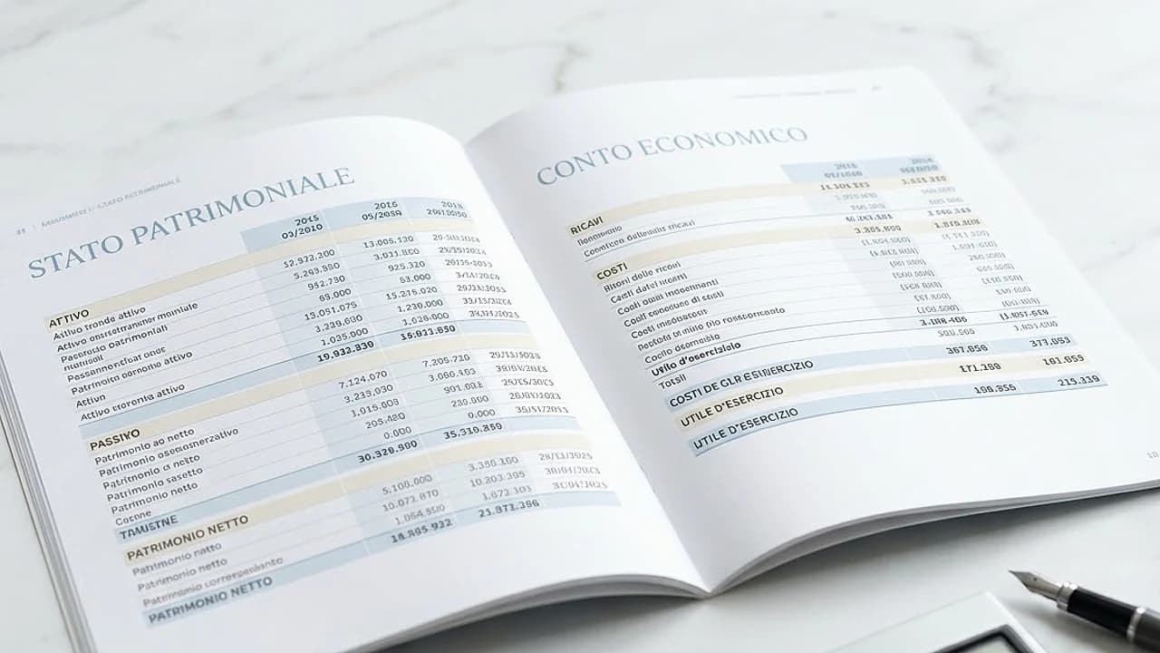 Bilancio d'esercizio aperto su stato patrimoniale e conto economico con calcolatrice e penna su scrivania chiara