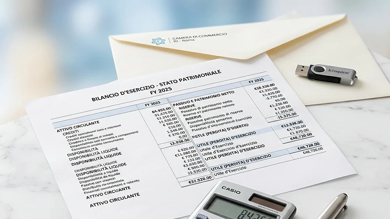 Bilancio aziendale depositato al Registro Imprese con indici finanziari e modulo XBRL su scrivania professionale 2026