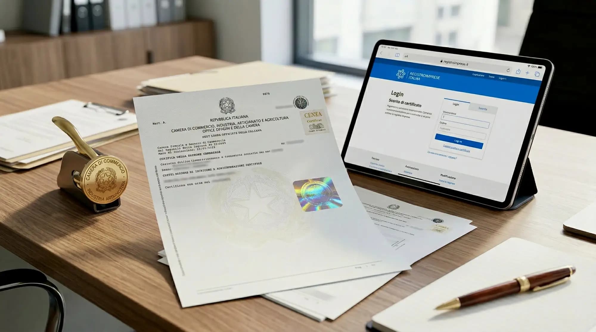 Certificato camerale ufficiale su carta filigranata con bollino olografico e documenti amministrativi aziendali
