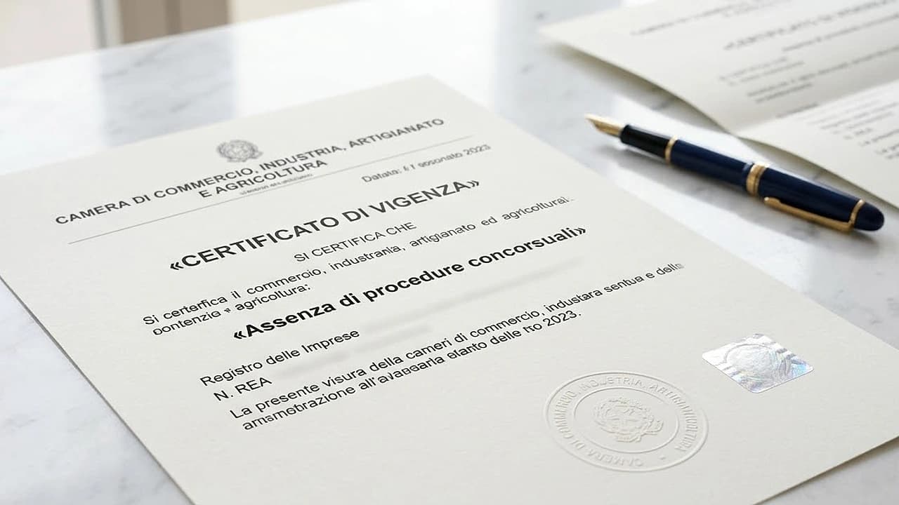 Certificato di vigenza della Camera di Commercio con timbro ufficiale e dichiarazione di assenza di procedure concorsuali.