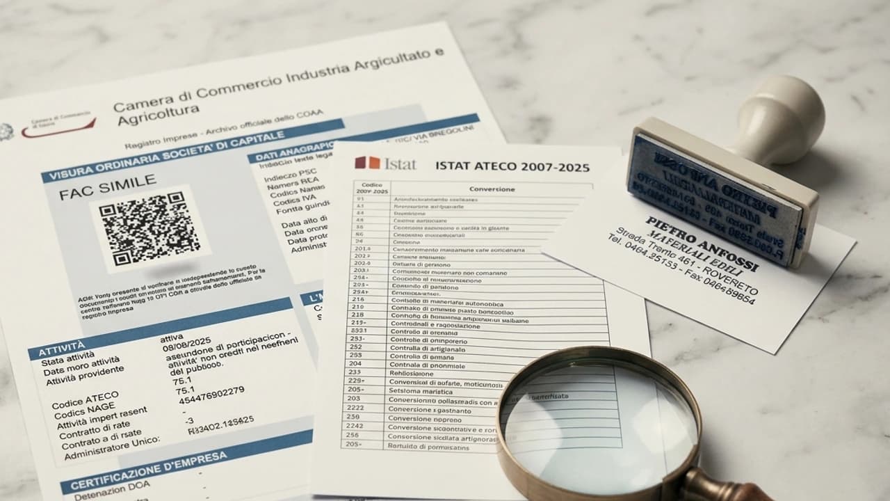 Visura camerale aperta sul quadro attività con codice ATECO 2025, sezione REA e tavola di raccordo ISTAT su scrivania in marmo
