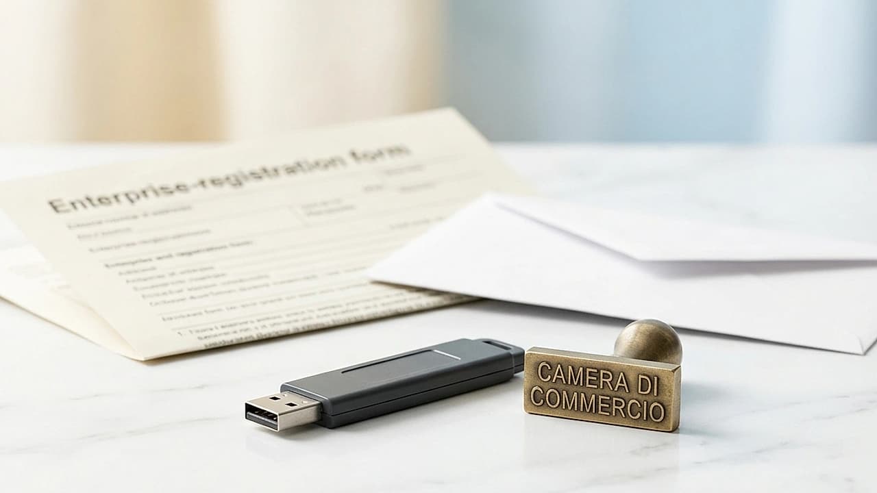 Timbro della Camera di Commercio e dispositivo di firma digitale accanto alla pratica di Comunicazione Unica 2026