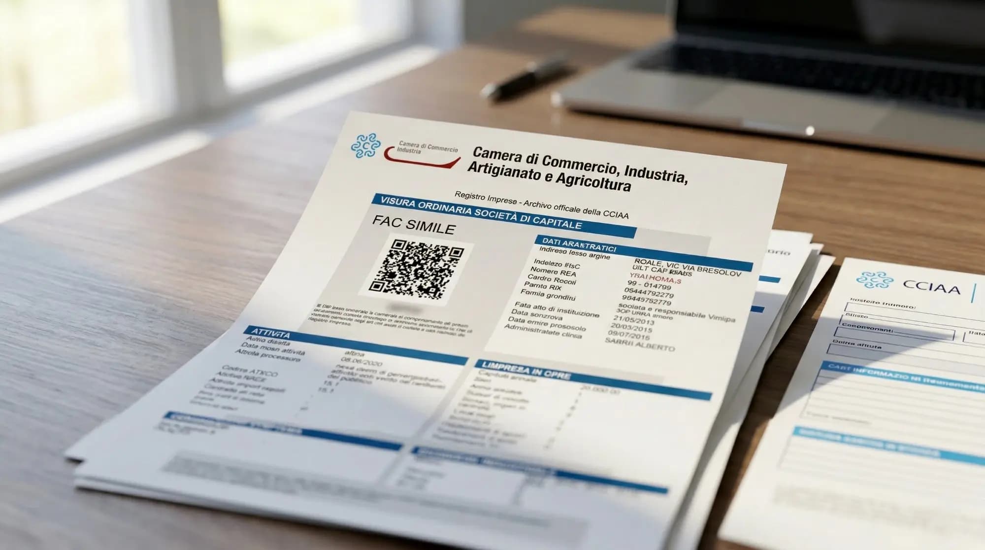 Documenti visura camerale Camera di Commercio su scrivania professionale