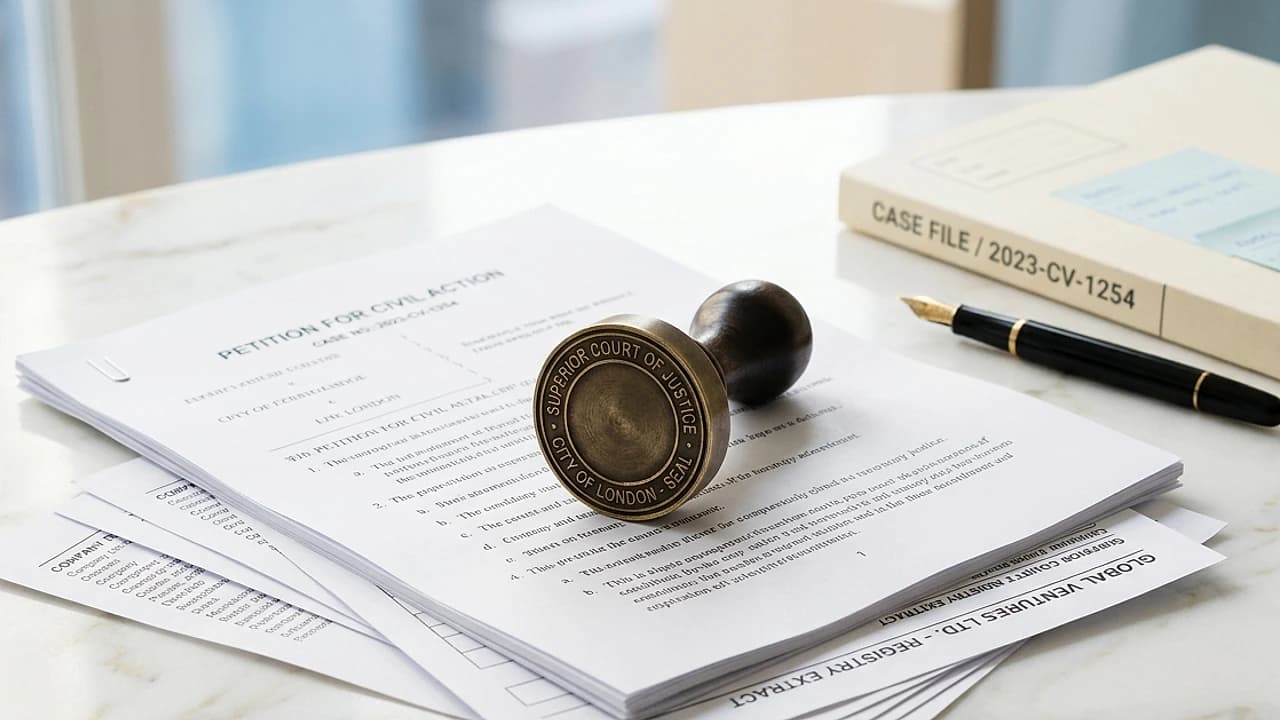 Timbro del tribunale e fascicolo di decreto ingiuntivo accanto a una visura camerale stampata su scrivania chiara