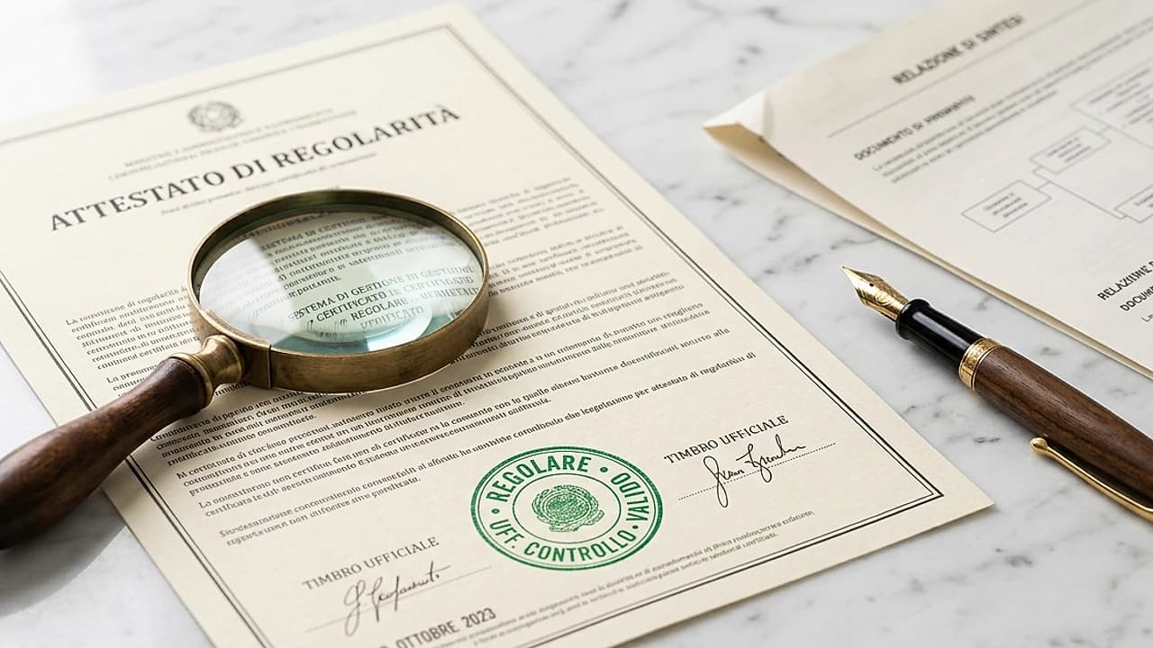 Certificato DURC di regolarità contributiva in PDF con timbro di esito regolare e lente su una scrivania chiara