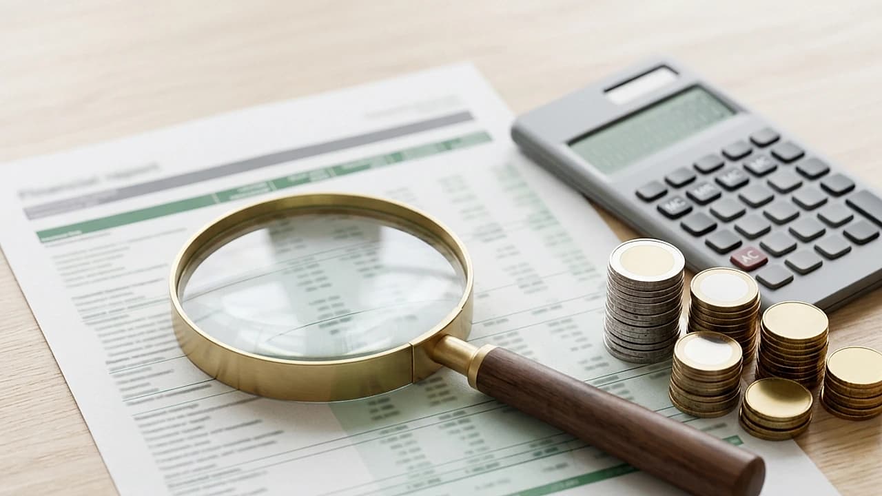 Conto economico con lente d'ingrandimento sulla voce ricavi, calcolatrice e monete: verifica del fatturato aziendale