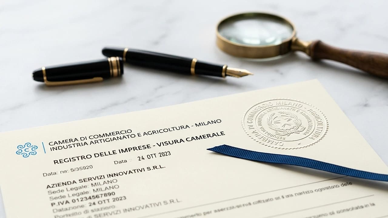 Documento visura camerale di un'impresa sociale con timbro Registro Imprese su scrivania