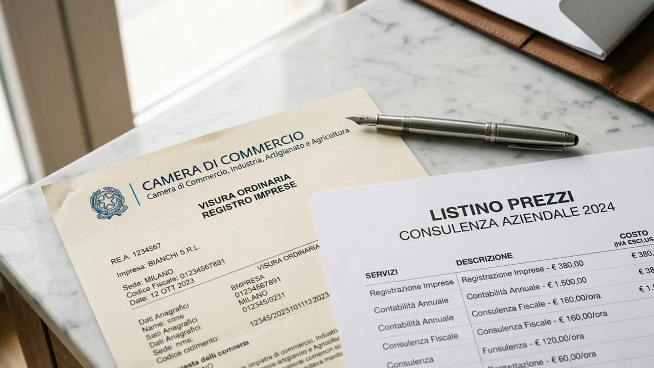 Visura camerale ordinaria su superficie in marmo bianco con timbro Camera di Commercio e penna stilografica, luce naturale — prezzi 2026