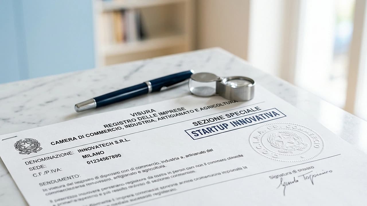 Documento visura camerale con sezione speciale startup innovativa e sigillo Camera di Commercio su scrivania luminosa