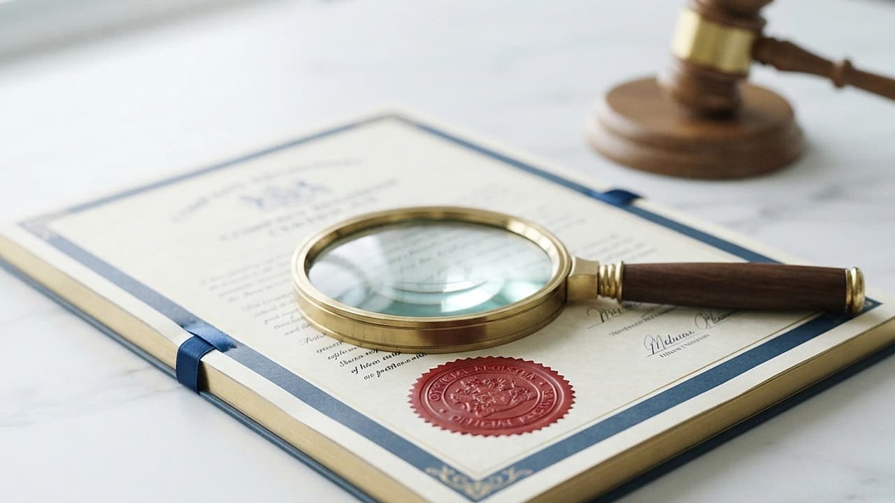 Lente d'ingrandimento su un certificato camerale timbrato, verifica fallimento e procedure concorsuali di un'azienda