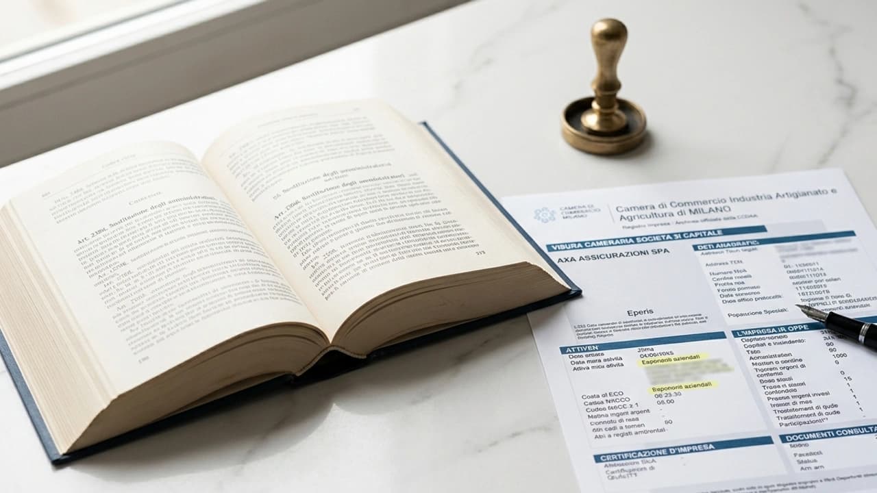 Visura camerale ordinaria con sezione "esponenti aziendali" evidenziata, atto di cessazione amministratore e codice civile aperto sull'articolo 2386 — due diligence societaria 2026