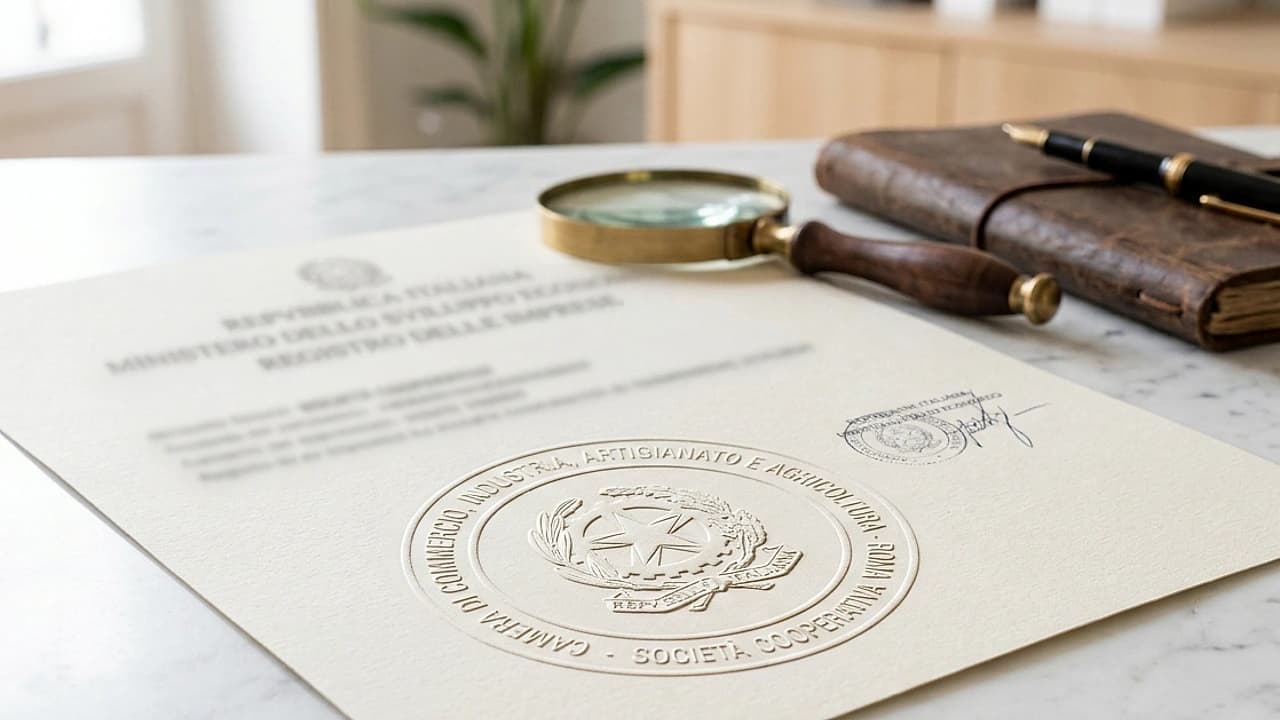 Certificato di visura camerale con sigillo di società cooperativa e sezione Albo cooperative 2026