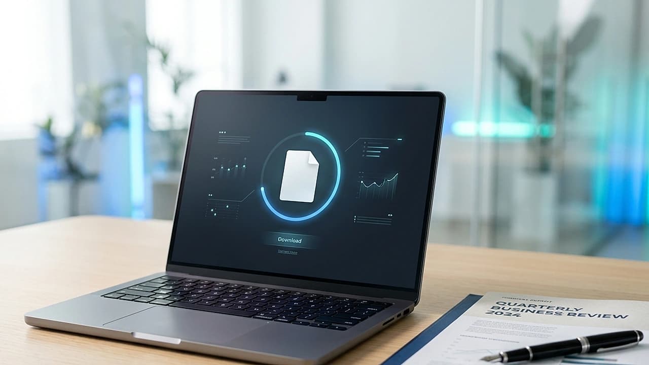 Laptop con interfaccia di download di una visura camerale in PDF accanto a documenti d'impresa su scrivania chiara