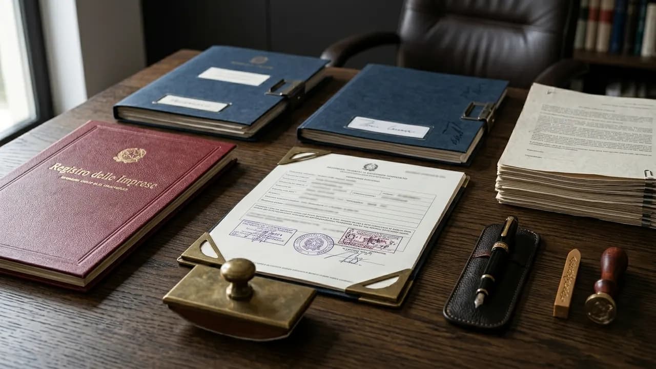 Documenti societari e visura camerale su scrivania legno scuro, due diligence acquisizione azienda 2026