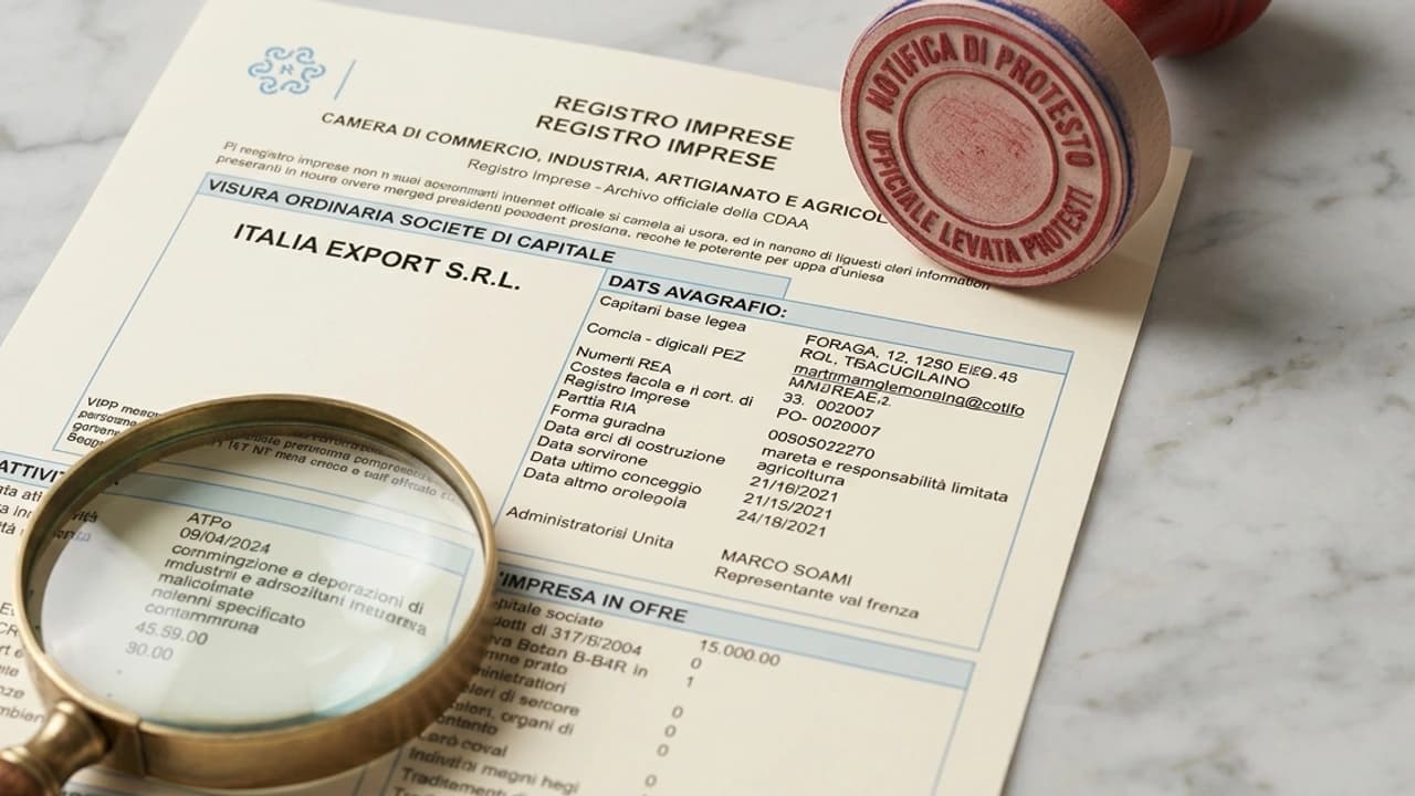 Visura camerale ordinaria italiana su scrivania con timbro di protesto e lente d'ingrandimento, due diligence rischio credito B2B 2026.