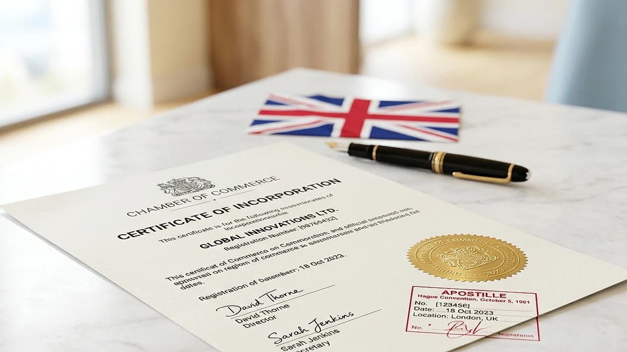 Certificato camerale in inglese con timbro apostille e sigillo su scrivania per uso all'estero