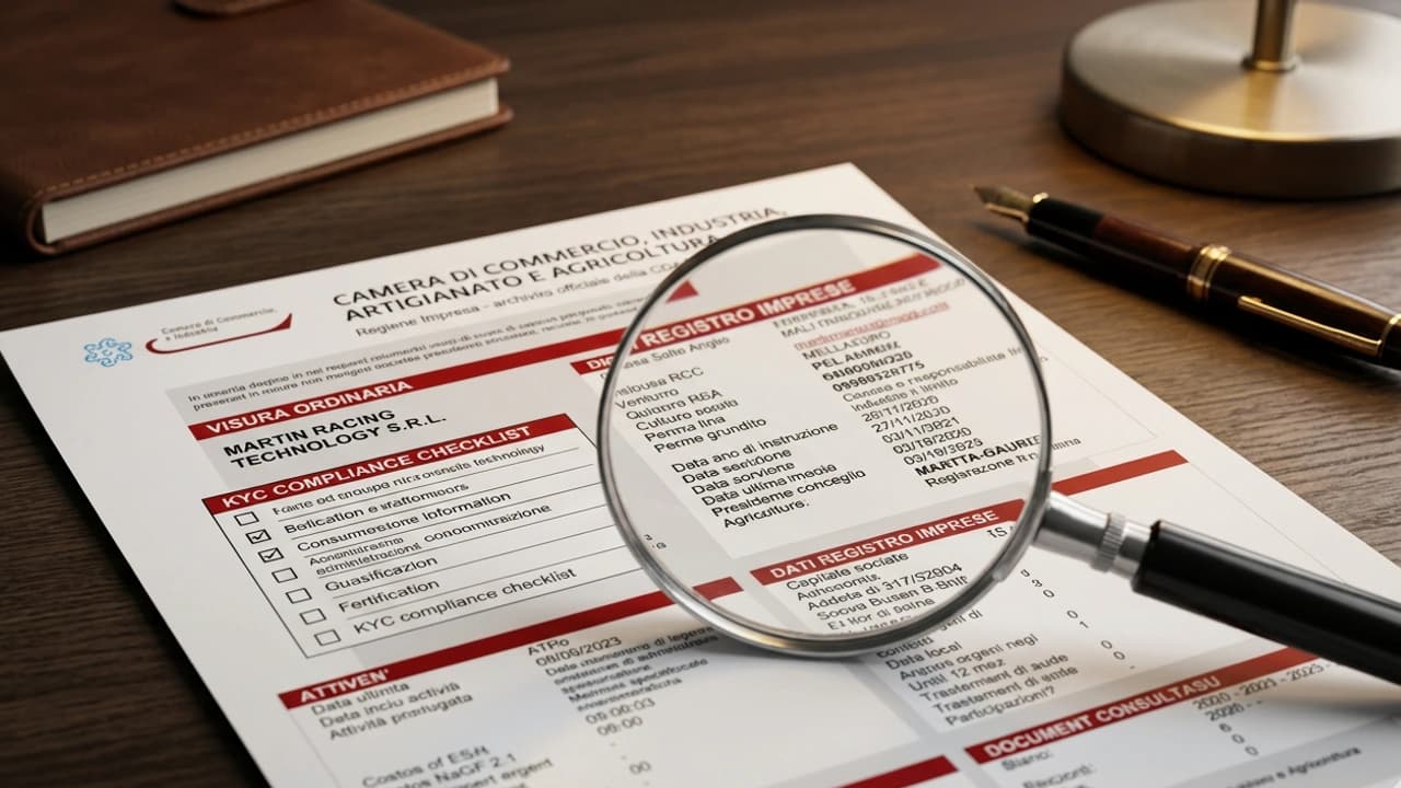 Visura camerale su scrivania professionale con checklist KYC AML compliance antiriciclaggio 2026