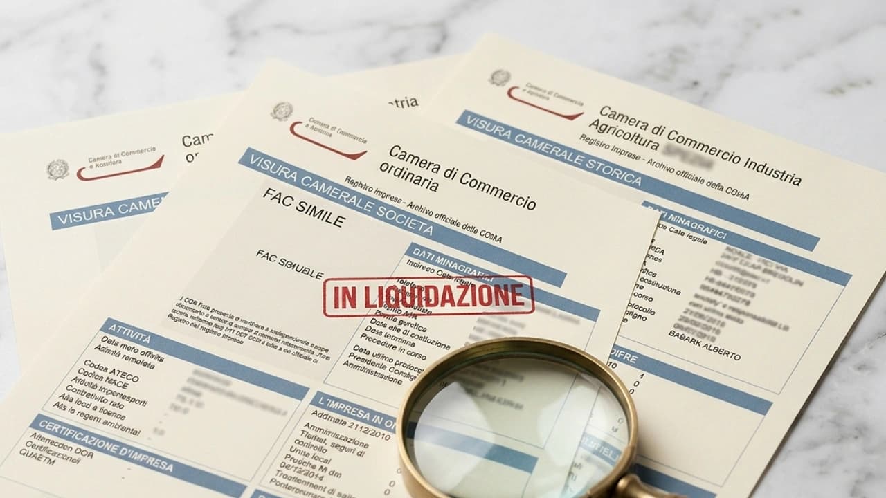 Visura camerale ordinaria e visura camerale storica affiancate su marmo, con lente di ingrandimento — segnali di liquidazione societaria 2026