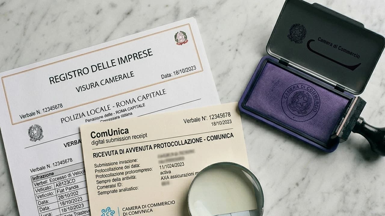 Visura camerale di una nuova società italiana con modulo ComUnica e timbro Camera di Commercio, sfondo marmo neutro