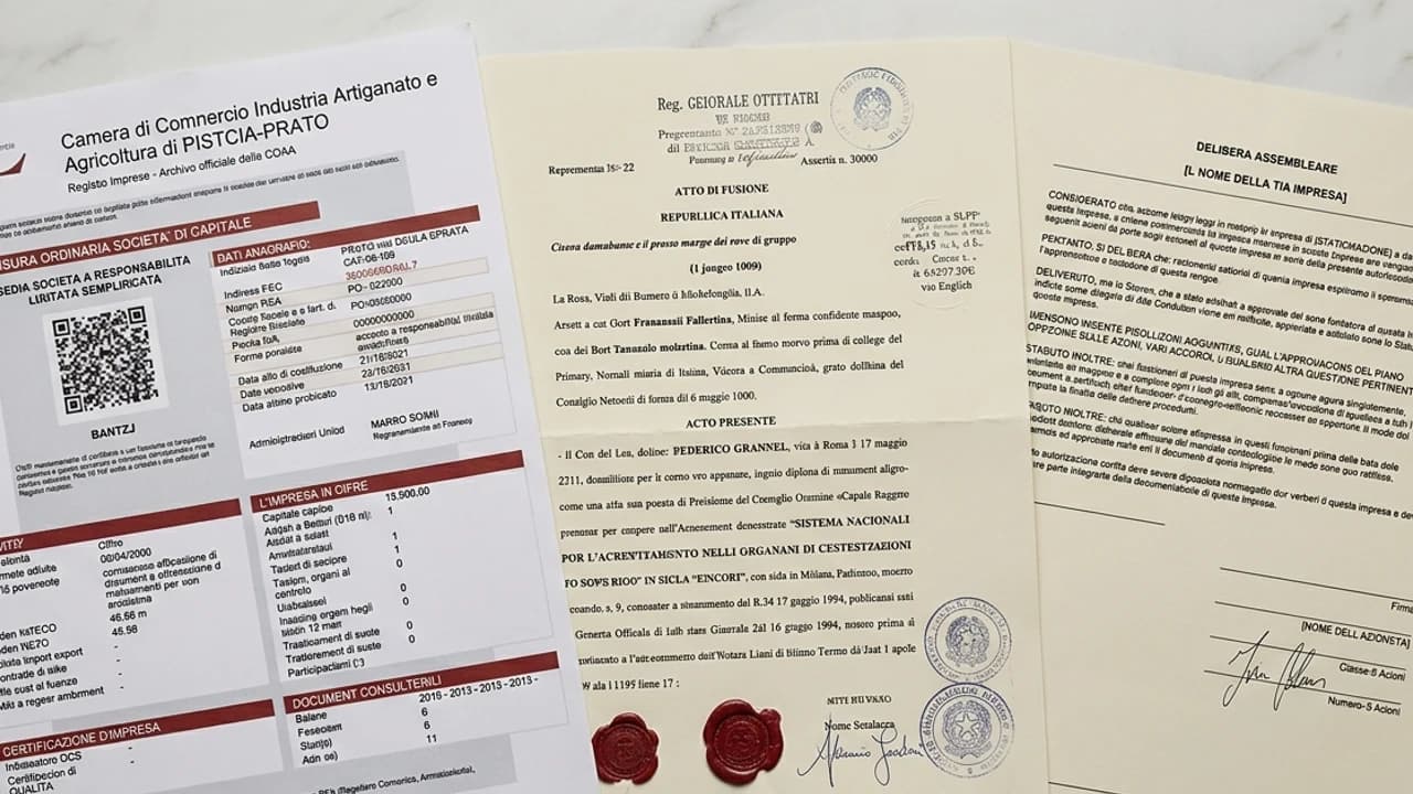 Visura camerale e atti societari per operazioni straordinarie — fusione, scissione e trasformazione — su piano con penna, Roma 2026.