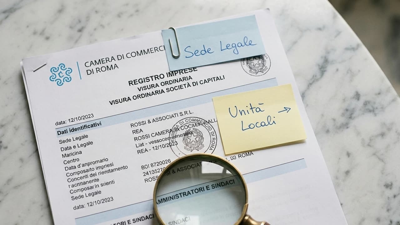 Visura camerale con sezione sede legale e unità locali su foglio A4, lente di ingrandimento appoggiata, sfondo marmo chiaro, stile editoriale professionale