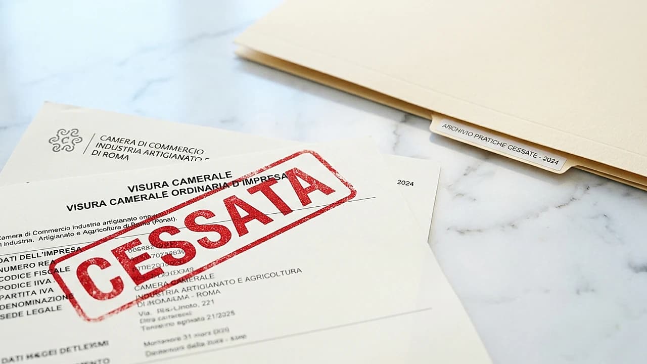 Visura camerale di una società cancellata dal Registro Imprese con timbro "cessata" e fascicolo di due diligence