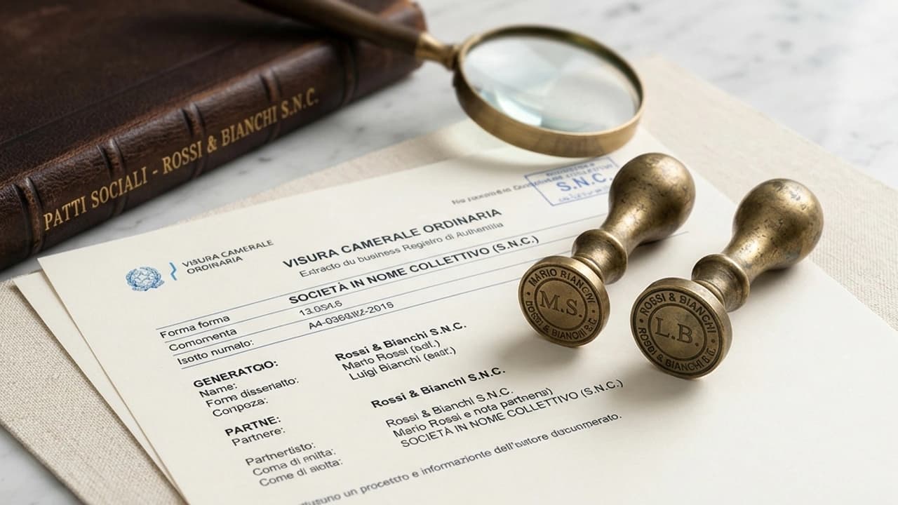 Visura camerale di una società di persone con due sigilli in ottone e patti sociali sulla scrivania, verifica soci SNC e SAS