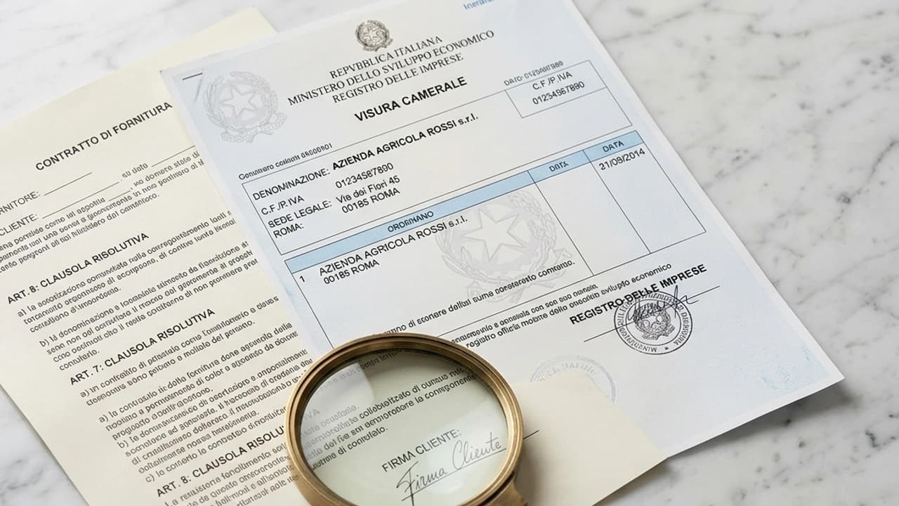 Visura camerale SRL stampata su marmo bianco con penna e lente di ingrandimento — verifica commerciale 2026