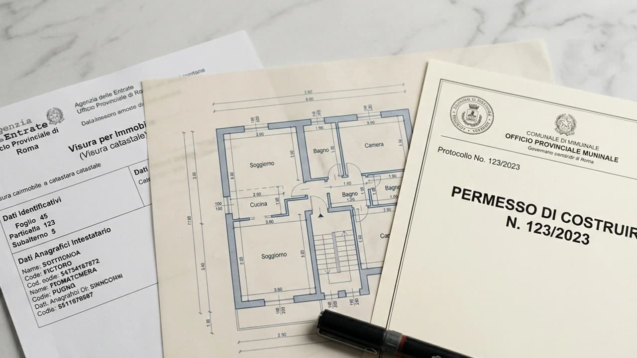 Visura catastale stampata e planimetria di nuova costruzione su tavolo da lavoro, con squadra da disegno e penna posate in diagonale. Contesto professionale catastale 2026.