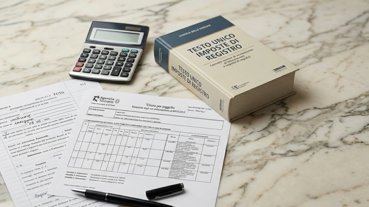 Visura catastale, rogito notarile, calcolatrice e Testo Unico Imposta di Registro su superficie marmo con penna